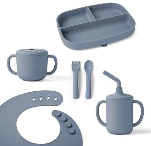 Ergobaby Juego de Vajilla Infantil Deluxe para bebés y niños pequeños a partir de 6 meses, juego de vajilla infantil con 2 tazas, bandeja, babero y cubiertos, sin BPA, PVC ni ftalatos, Soft Blue