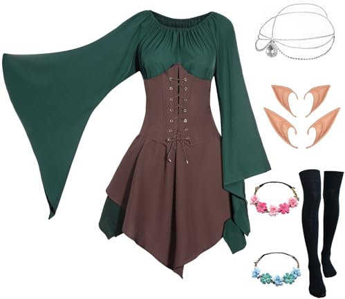 Mittelalter Renaissance Kostüme Kleid Damen Trompetenärmel Gothic Retro Kleidung Karneval Kostüm Piraten Elfen Cosplay Outfit mit Elfenohren Haarschmuck Overknee Socken für Fasching Halloween VL025L