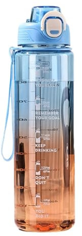 Mi Ko Mi Ka Botella de Agua Deportiva de 1 Litro | Sin BPA | Boquilla para Deporte de Varios Tipos | Opción Con Texto Motivacional (Azul Naranja #C)