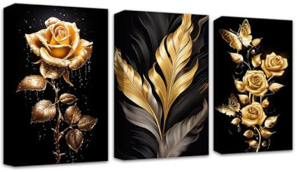 CXHOSTENT Leinwand Wandbilder mit schwarzen und goldenen Blumen 3-teilig Bilder mit goldenen Rosen Schmetterlingen und Blättern funkelndes Blumendekor (A, 30.00 x 40.00 cms x 3PCS)