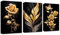 CXHOSTENT Leinwand Wandbilder mit schwarzen und goldenen Blumen 3-teilig Bilder mit goldenen Rosen Schmetterlingen und Blättern funkelndes Blumendekor (A, 30.00 x 40.00 cms x 3PCS)