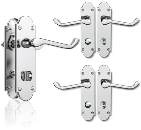 Bwintech 3 Sets Polished Chrome Richmond Lever on Plate, Latch Furniture, Backplate Door Handles, with Bathroom knob, Suitable for Wooden Doors