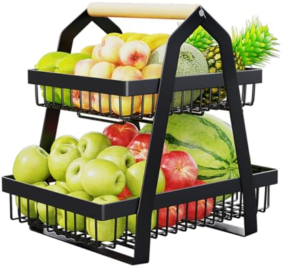 Heikoeco® Obstschale, Obstkorb, Obst Etagere, 2-Stöckiger Obstkorb aus Metall für Küche, Wohnzimmer, Büro, Obst Etagere, Obst Aufbewahrung (schwarz, 33x 21x 30)
