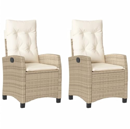 vidaXL Gartensessel mit Kissen 2 STK., Gartenstuhl mit Verstellbarer Rückenlehne, Liegestuhl mit Stahlrahmen, Sessel Stuhl Relaxsessel, Beige Poly Rattan