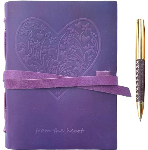 Sovereign-Gear Leather Journal for Women, Handmade Purple Heart Bound Journal with Stylish Pen, Vintage and Classic, A5 Embossed Heart Leather Notebook, 8x6 Unlined Sketchbook