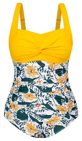 Hanna Nikole Women's Plus Size One-Piece Swimsuit Sports Beach Breathable One-Piece Swimwear Yellow Flower 20