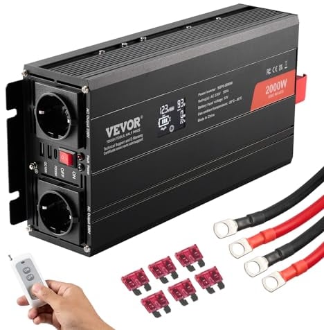 VEVOR Onduleur à Onde sinusoïdale Pure, 2000 W, onduleur CC 12 V vers CA 230 V avec 2 Prises CA, 2 Ports USB, 1 Port Type-C, écran LCD et Une télécommande pour équipement ménager de Taille Moyenne