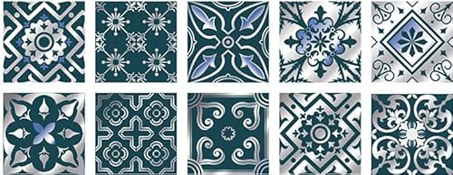 Stickers Muraux Cuisine Bohème Verte Décoration Murale En Carrelage,Autocollants Carrelage Salle De Bain Et Cuisine,Auto-Adhésif Pvc Imperméable Style Carreaux De Ciment 10X10Cm