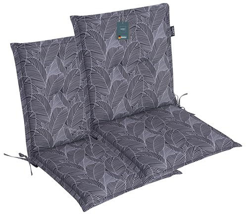 LILENO HOME Gartenstuhl Auflagen als [2er Set - Niedriglehner] in Blätter Anthrazit - Bequeme Liegen als Sitzauflagen für Gartenmöbel - Stuhlkissen für Gartenstühle und Klappstühle