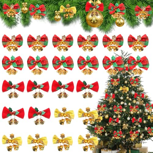 24pcs Christmas Bows with Bells Christmas Tree Bows,Christmas Decorative Bows Xmas Wreaths Bows Decorations,Christmas Bows for Christmas,Xmas Tree Bow Bells Set,Christmas Decorations