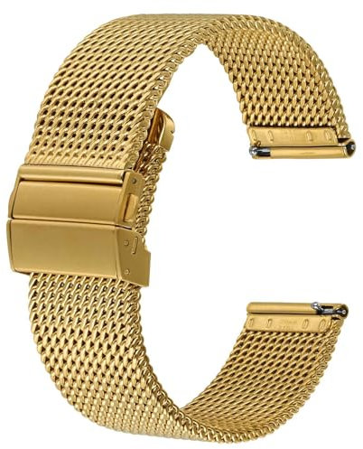 BISONSTRAP Metall Uhrenarmband, Faltschließe, 316L Edelstahl Mesh Armband, Schnellverschluss Ersatzarmband für Damen und Herren, 20mm, Gold
