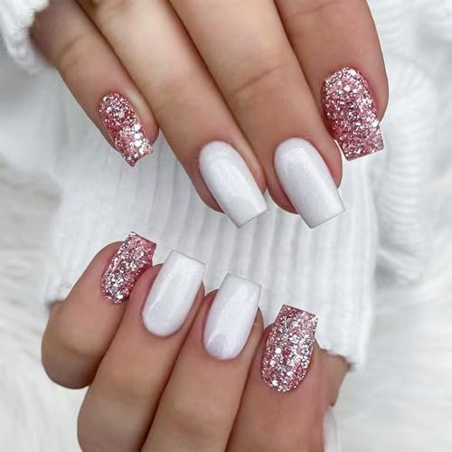24PCS Glitter Square Press On Nails, Pink Sparkle and Grey Star Design, Medium Length Fake Nails Set, Elegant Full Cover Acrylic Nails in Multiple Sizes, Easy DIY & Long-Lasting Wear