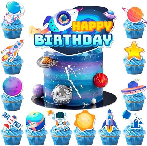 Tortendeko Weltraum, 24 Pcs Weltraum Cupcake Toppers Space Astronaut Cupcake Toppers & 1 Pcs Cupcake Topper Weltraum Party Tortendeko für Weltraum Deko Kindergeburtstag