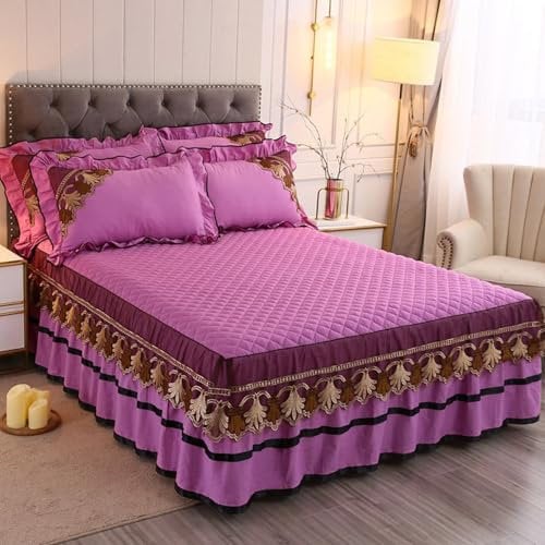 KnSam 200x220cm Bett Volant Warm, Spitze Bettrock Stretch Einfarbig Matratzenschutz, Baumwolle Betttuch Lila für alle Jahreszeiten