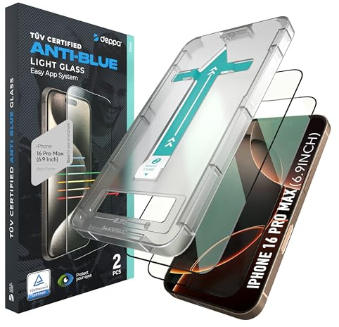 Deppa |2 Piezas| Protector de Pantalla Anti Luz Azul para iPhone 16 Pro Max (6,9) con Kit de Instalación Inteligente | Ultra Transparente, Anti-Polvo, Sin Burbujas, Cobertura Completa