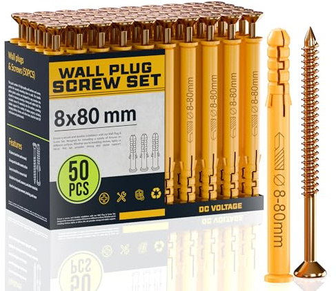 DC VOLTAGE 50 Pcs Wall Plugs and Screws Set 8mm x 80mm Concrete Fixings Screws and Wall Expansion Anchors Plugs Kit Wall Hanging Mounting TV Mount Drywall Self Tapping Screw Wall Plug
