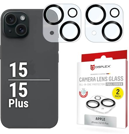 Displex Kamera Schutzglas für iPhone 15 Plus/15 (10H), 2 Stück, Full Cover | DISPLEX Full Cover Camera Lens Glass, 10H Härte, Vollschutz des Kameramoduls, Quick Mount, Ultra-Clear, Anti-Fingerprint