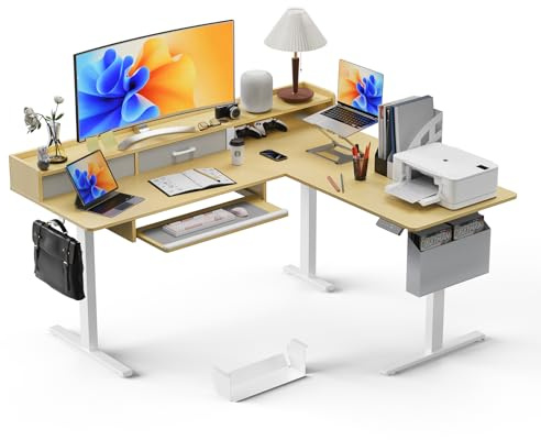 WALKINGDESK L-förmig Höhenverstellbarer Schreibtisch mit Tastaturablage, 160 x 140 cm Elektrisch Eckschreibtisch Höhenverstellbar mit 2 Schubladen, Steh-Sitz Computertisch für Büro Gamer, Eiche