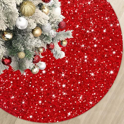FUHSY Rote Baumröcke Weihnachtsbaumschmuck mit Pailletten 90 cm Durchmesser Samtstoff Glitzerbestickt und mit Pailletten verziert Baumröcke Weiche, Schimmernde Baummatte für alle Anlässe