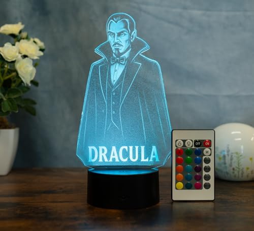Optechvisual Dracula LED Lampe – 3D Tischlampe mit Vampir-Motiv & Farbwechsel – Horror Deko Licht für Halloween, Gothic & Filmfans – Geschenkidee – Fernbedienung – Acryl Made in Germany