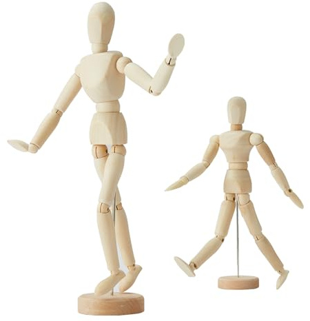 2 Pack, 8 Inch & 12 inch Artist Wooden Manikin Flexible Body Joints, Human Figure Puppet Model Wood Male Mannequin Doll Ornament Stand for Home Office Desk Decoration Sketching Drawing Painting
