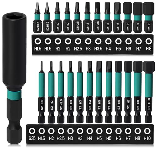 Impact Drill Allen Key Bit Set 25mm+60mm, CYLBAQ Alan Keys Sets H1.5-H10 | 25PCS Metric Hex Impact Allen Wrench Drill Bit Set, 1/4 inch Hex Shank S2 Steel Bits with Magnetic Extension Bit Holder