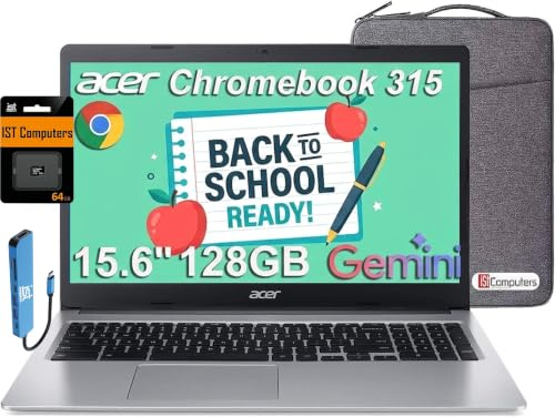 Acer Chromebook Laptop, 15.6 FHD, Intel Celeron, 4GB RAM, 128GB Storage | (64GB eMMC + 64GB SD Card), Home & Student, Webcam, Numeric Keyboard, Long Battery Life, USB C HUB, Sleeve, Chrome OS