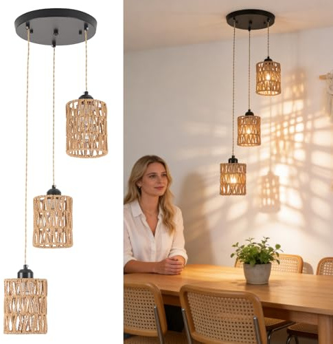 3 Light Rattan Pendant Light, Boho Farmhouse Cluster Ceiling Light, E27 | Three adjustable cords up to 1.4m for kitchen island, dining room and stairwell; compatible with flat or sloped ceilings.