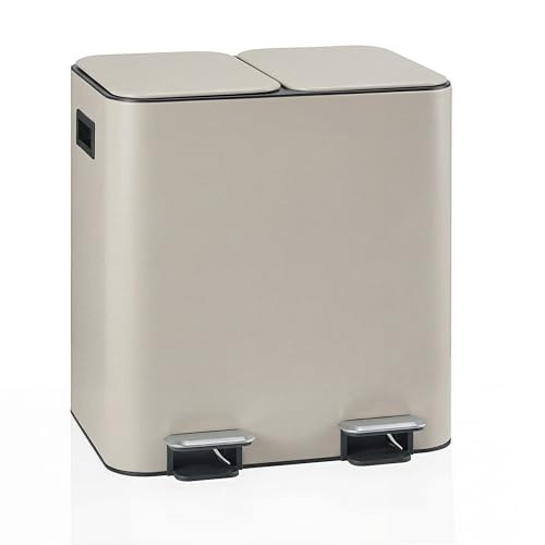 hjh OFFICE Cubo de basura Clean 10 – 2 x 15 l sistema de separación de basura con 2 compartimentos, cierre suave, pedal de pie, a prueba de olores, fácil de limpiar, color beige