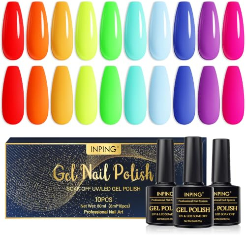 INPING Gel Nail Polish, Bright Neon 10 Colors UV LED Nail Varnish 8ML | Spring Summer Fall Winter Polish for Women Nail Art Manicure Salon Easy To Apply Christmas Halloween