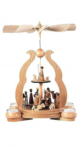 Müller Weihnachtspyramide Heilige Geschichte Bogenpyramide, 2 Teller, 1-stöckig, 34 cm hoch, Natur mit Teelichter, original Erzgebirge Seiffen