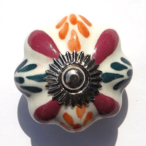 Blanc fleur rose avec étoile et feuilles vert/orange (Finition chromée) boutons de porte de placard en céramique tiroir tirettes poignée en porcelaine style shabby chic