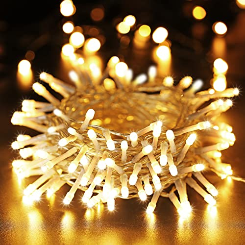 100 LED Lichterkette Außen Batterie, BrizLabs Warmweiß Weihnachtsbeleuchtung Innen 8 Modi Wasserdicht mit Timer für Zimmer Weihnachten Party Hochzeit Beleuchtung Deko, Durchsichtigen Kabeln