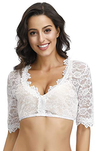 TrendiMax Damen Elegante Dirndlbluse, Schwarz Weiß Dirndl Bluse mit Spitze, Trachtenbluse für Oktoberfest, Weiß Rose, 42