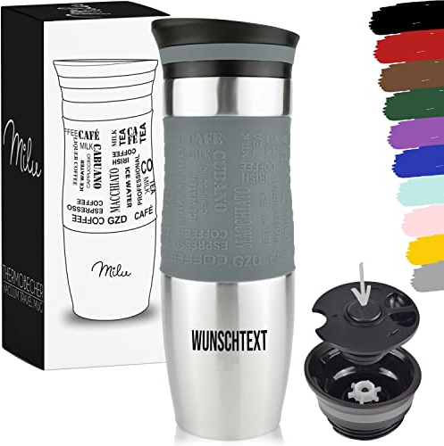 Milu Thermobecher 450ml mit Gravur - als Geschenk-Idee Ostern, Vatertag, Muttertag, Weihnachten, Einschulung, Liebesgeschenk, Geburtstag, Frauen und Männer Mama Papa Kinder (Grau + Gravur)