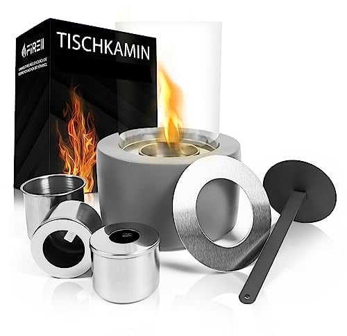 Firell Bioethanol Tischkamin aus [massivem Beton] - Ethanol Tischfeuer Indoor & Outdoor | Tischofen wärmend mit 3h Brenndauer | sicheres Tisch Kamin Feuer für Wohnzimmer Terrasse Garten Balkon