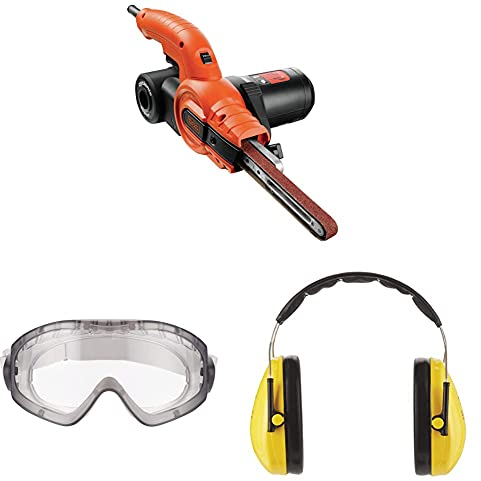 Black+Decker 350W Bandfeile KA900E mit schmalen Schleifarm, inkl. 3M™ Schutzbrille für Werkzeugmaschinen 2890S, transparent und 3M™ Peltor™ Optime™ Komfort-Kapselgehörschutz H510A (87 bis 98 dB)