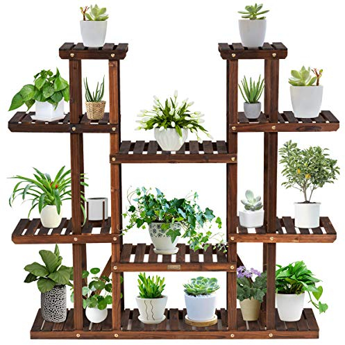 COSTWAY Pflanzenregal Blumenregal, Blumenständer Holz, Blumentreppe Garten, Pflanzentreppe mehrstöckig, Holzregal (9 Etagen / 125x25x114cm)