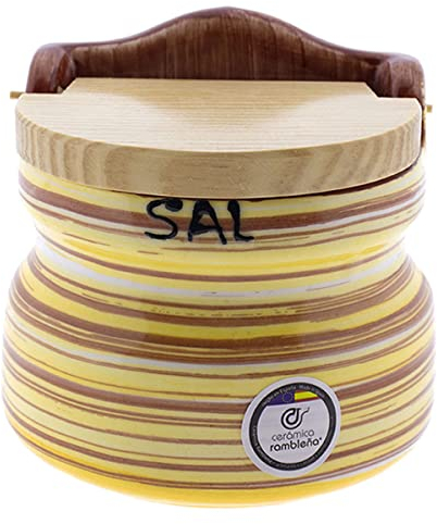 CERÁMICA RAMBLEÑA | Salero cocina | Salero con tapa de madera | Salero cerámica | Salero original | Decoración Modelo 10 | 100% Decorado a Mano
