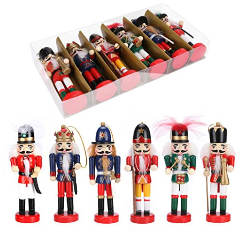 Achort Schiaccianoci di Natale, 6 Pezzi Soldato Natalizio in Legno, Dipinto a Mano , Albero di Natale Decorazioni per Festival, Natalizi Regalo, 13,5 cm