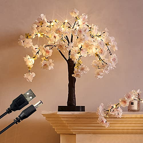 Fudios Bonsaï lumineux avec branches de cerisier en fleurs de cerisier 40 LED 45,7 cm Décoration de chambre japonaise avec piles et prise USB pour fête de mariage Décoration d'été
