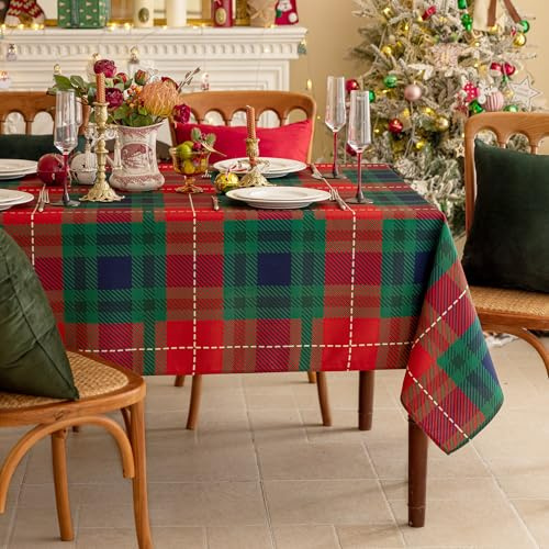 Romanstile Nappe rectangulaire de Noël en velours vert à carreaux - 152,4 x 213,4 cm - Nappe résistante aux taches d'eau à carreaux, en polyester lavable pour décoration de dîner/fête de Noël/vacances