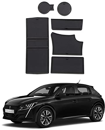 LFOTPP Compatible With Peugeot 208 e-208 Car Non-Slip Rubber Mats (For Right Hand Drive), Car Door Slot Mat, Cup Holder Mat Armrest Center Consoles Interior Decoration 6pcs (Black)