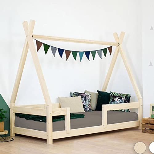 Kinder Tipi-Bett NAKANA mit Sicherheitsgitter - Massivholz - natürliche Farbe lackiert - 120 x 200 cm
