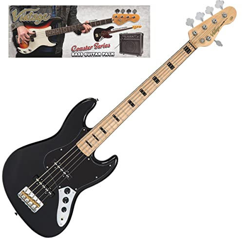 VINTAGE V495 COASTER 5 STRING BASS GUITAR PACK - GLOSS BLACK