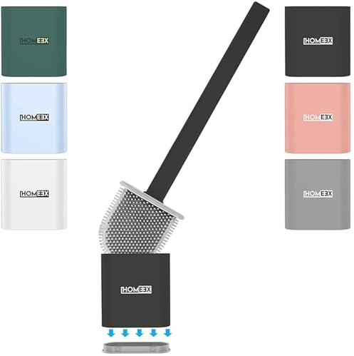 Homeex Silicone Toilet Brush, Toilet Brushes and Holder Deep Cleaner with No-Slip Plastic Handle and Soft Flexible Bristles, Toilet Brushes with holders and Base for Anti-drip (Black)