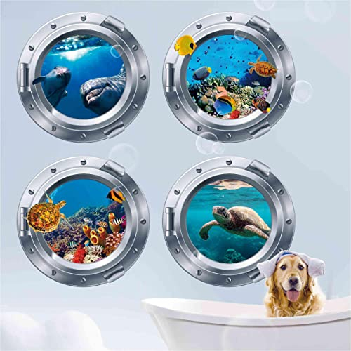 Wandaufkleber, 3D, Bullauge, Hai, Wal, Meereswelt, Schildkröte, Delfin, Ozean, Fenster, Küche, Kinderzimmer, Badezimmer, Wohnzimmer, Dekoration, 360 x 360 mm