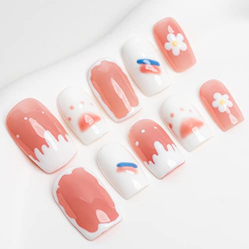 Sun&Beam Nails Handmade Short Medium Square Pink White False Nail Tips with Cute 3D Milk Flower Popular Charm Design Press On Nails 10 Pcs (#26 L)