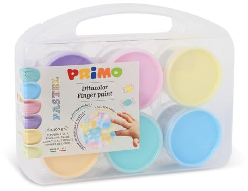 PRIMO – Malkoffer für Kinder ab 2 Jahren, Kleinkindalter, Fingermalfarben 100g mit 6 Pastellfarben für Papier, Glas, Schreibwaren und Kreative Arbeiten, Dermatologisch Getestet