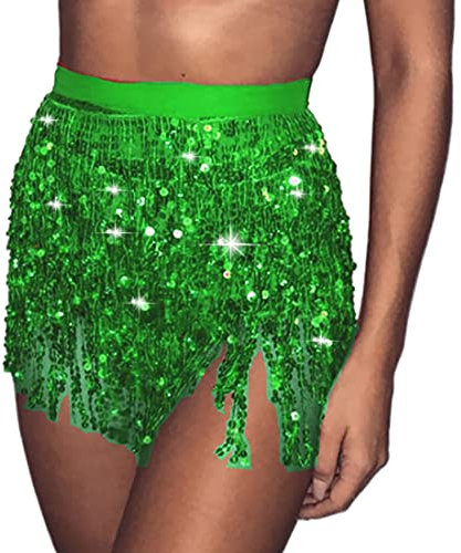 SINLOV Belly Dance Skirts Dancing Hip Tassel Scarf Belt Sequin Wrap Skirt Rave Costume for Women Girls (Green)